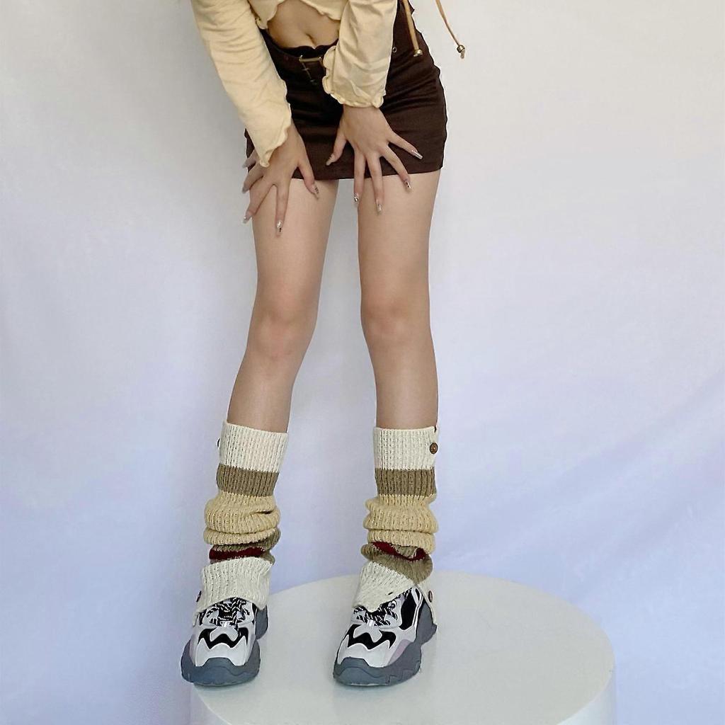 Button Design Leg Warmers College Student Women Girls Ribbed Knitted Calf Socks Contrast Color Striped Foot Covers  Coffee