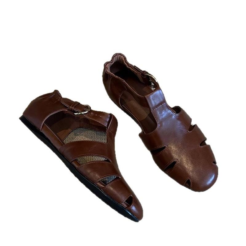 Top layer leather summer retro hollow Roman casual pig cage shoes Baotou sandals women's flat T-19-2