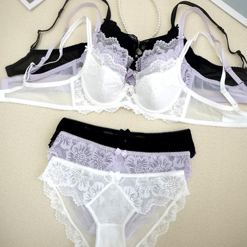 Ladies Summer Violet Lingerie French Thin Cup Push Up Bra Set Sexy Lace Flowers Embroidery Women Underwear Bra Briefs Set