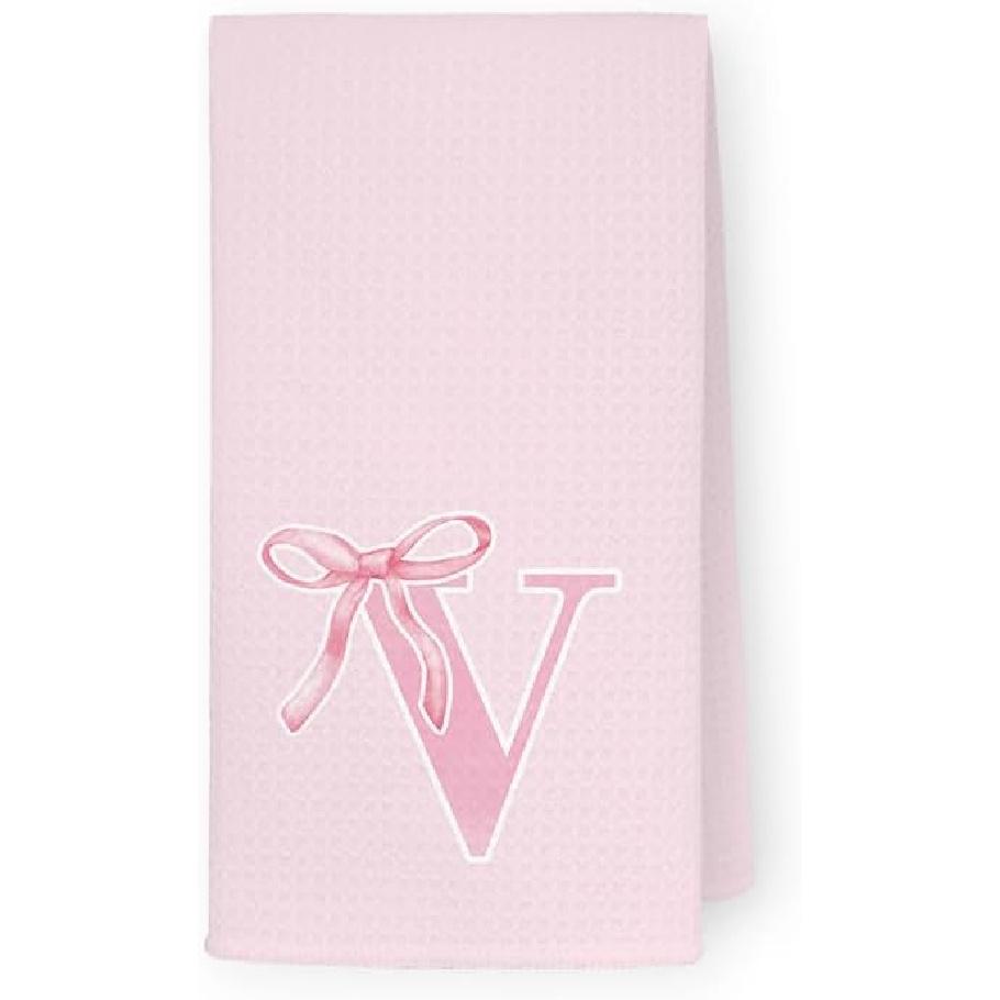 Coquette Pink Bows Personalized Kitchen Towels, Initial K Letter Decor, Pink Monogrammed Hand Towels for Bathroom, Sweet Dish Towels for Kitchen