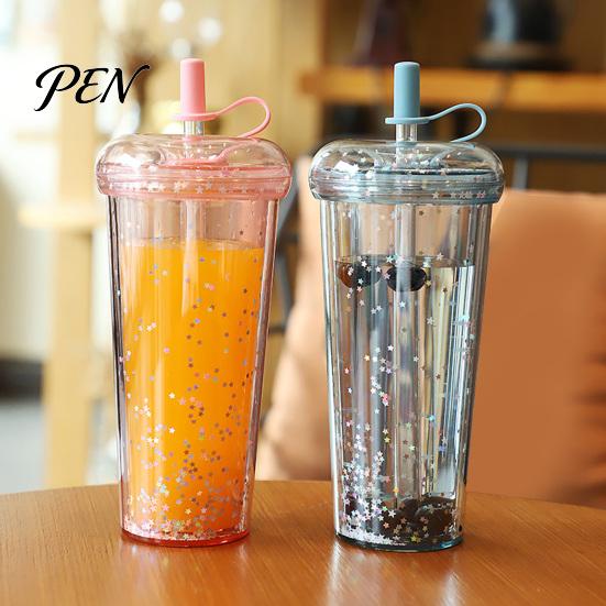 Handheld Drinkware for Campus Transparent Straw Cup, with Sequins Decor And Leak Proof Cute Milk Tea Cup Girls Lid, Reusable Plastic Sippy Students