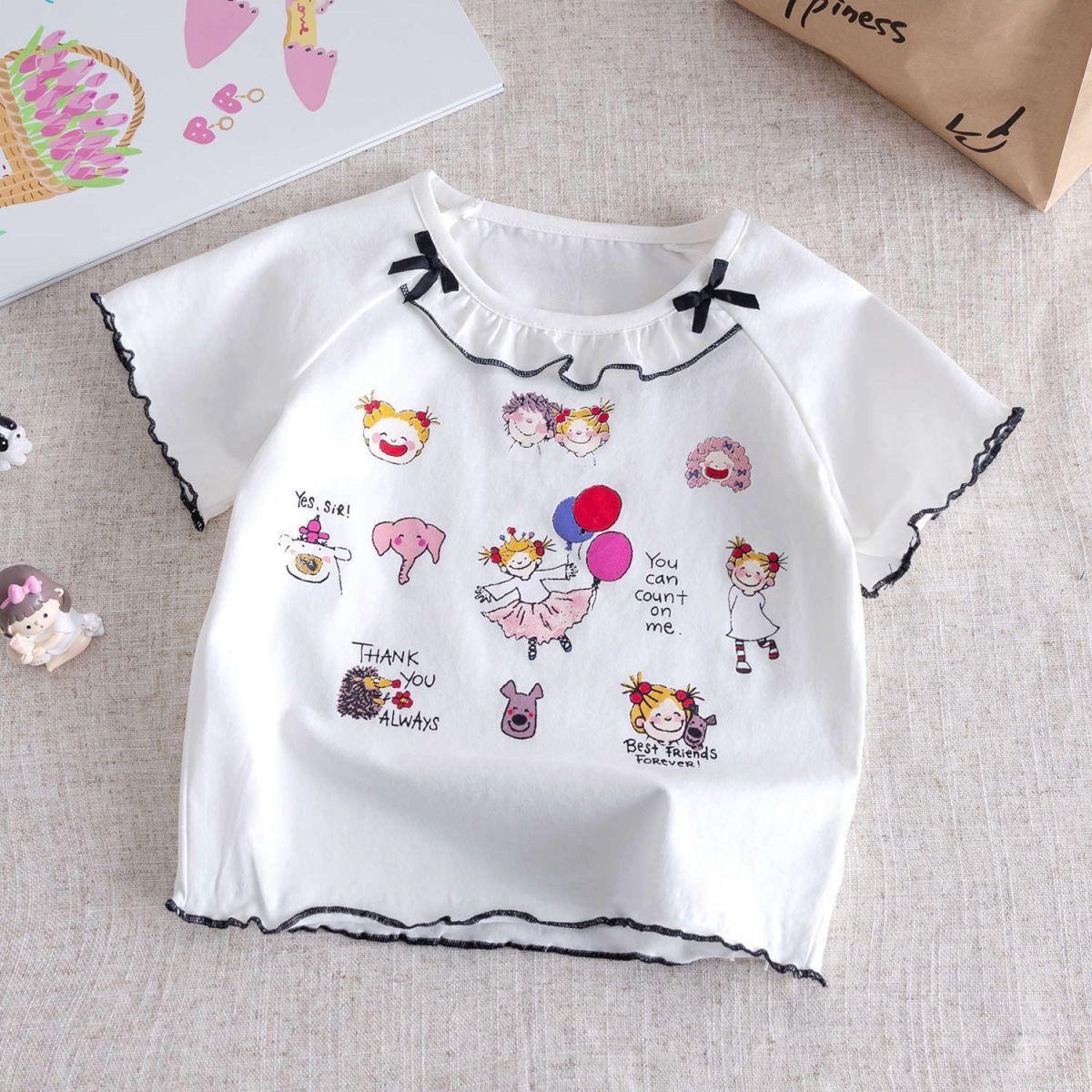 

Футболка с короткими рукавами для девочек, летняя новая коллекция, детский кружевной топ с круглым вырезом и милым принтом в виде банта 90