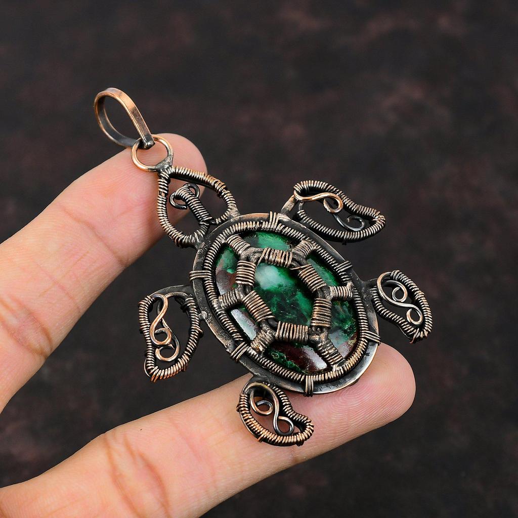 Pendentif Cuprite Chrysocolle Pendentif Enveloppé de Fil de Cuivre Bijou en Cuivre Antique Pendentif Pierre Gemme Tortue Pendentif Fait Main Cadeau d'Anniversaire