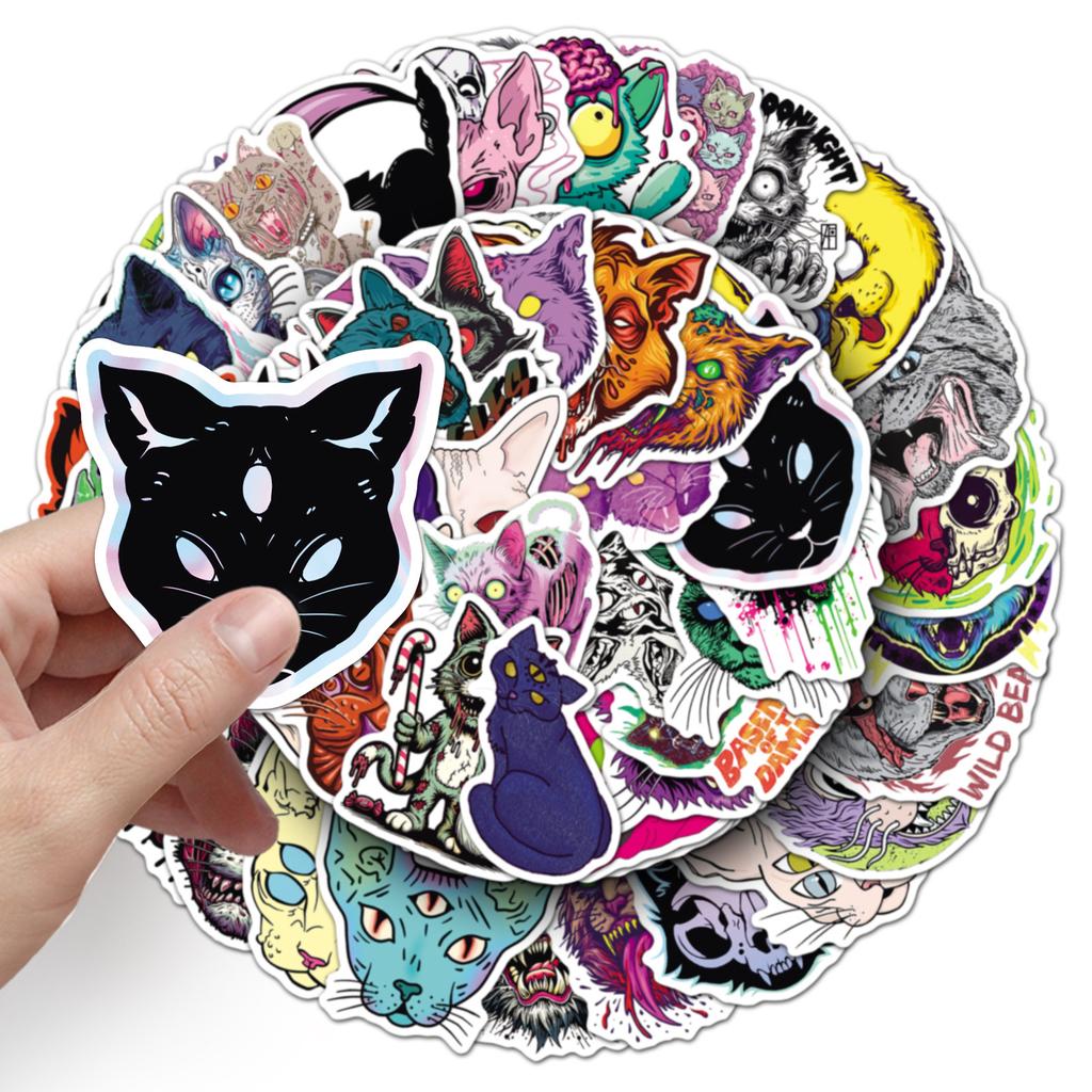 50 Scary Cat Stickers for Halloween Decoration, Creative Waterproof Planner, Water Cup and Suitcase Stickers