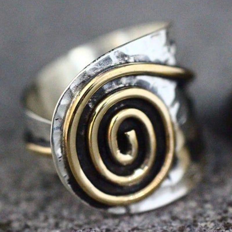 1-piece Vintage Silver Color Pleated Ring, Paired with A Gold Color Line Vortex Ring, Women's Bohemian Accessory Gift