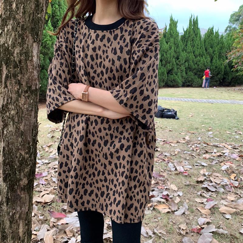 

IELGY женская футболка с леопардовым принтом, топ средней длины в стиле Харадзюку, свободная основа с короткими рукавами, повседневная мода 2XL коричневый