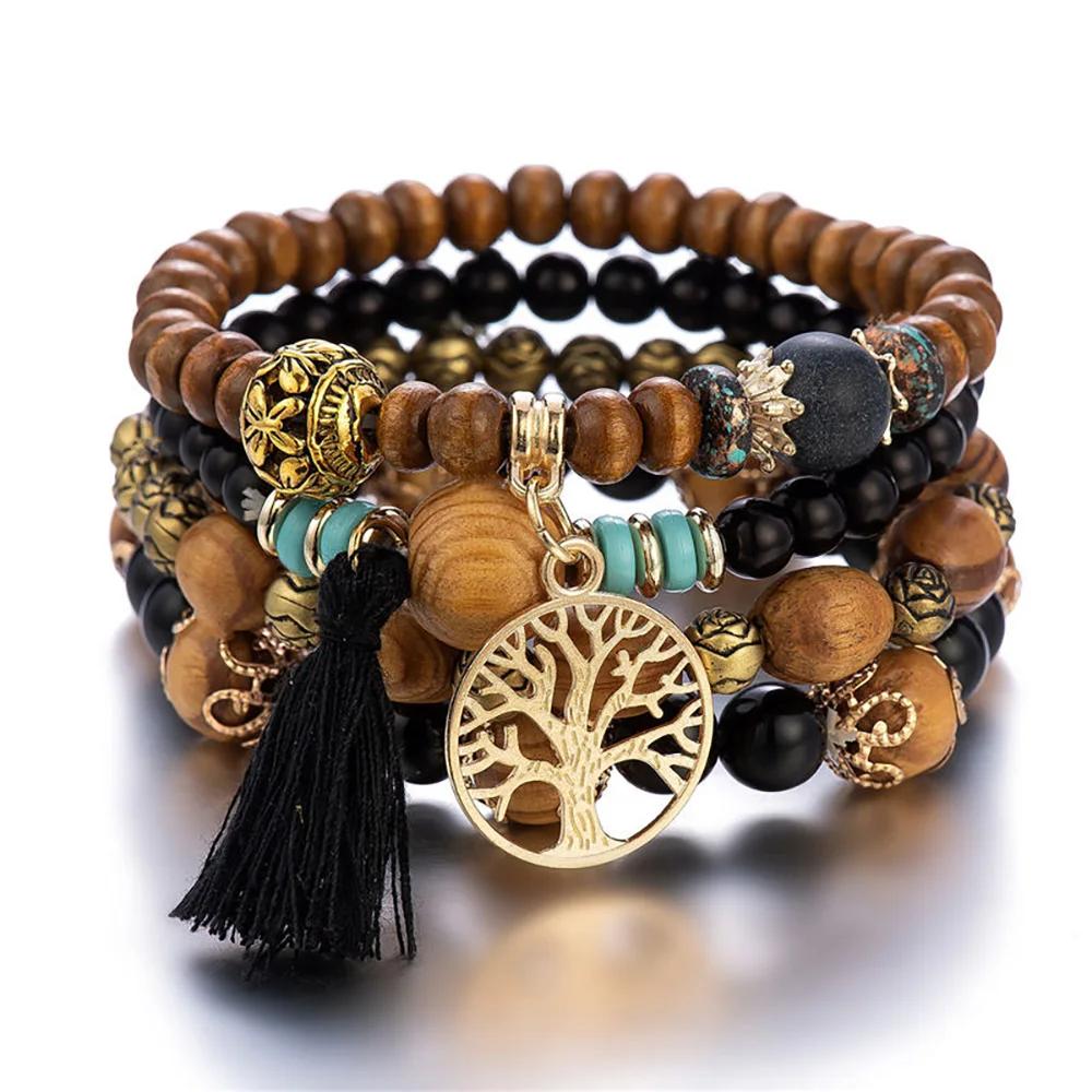 4ks/sada Boho dřevěný korálkový náramek sada pro ženy Tree Of Life Bílé střapce Charm Pružný řetízek Náramek Lady Bohemia Jewelry