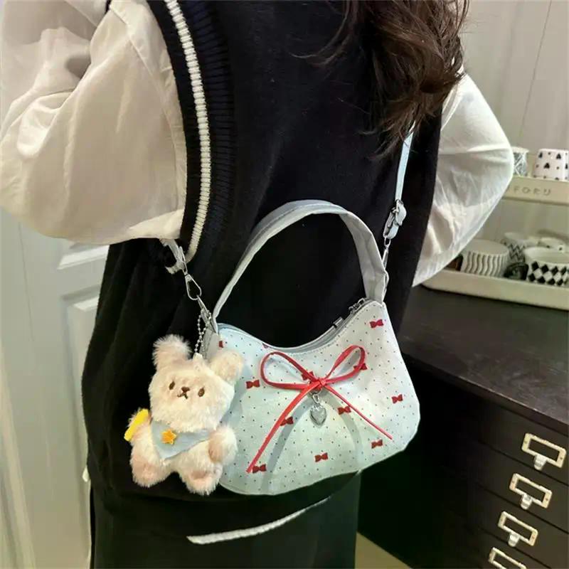 Bowknot Print Shoulder Bag With Plush Pendant For Women Crossbody Handbag Girly Tote Commuter Bag Underarm Bag