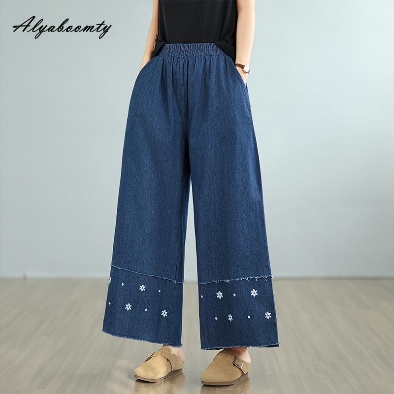 

Весна Осень Женские Базовые Синие Джинсы Эластичная Талия Цветочная Вышивка Повседневные Свободные Джинсовые Брюки Винтажные Элегантные Свободные Джинсы с Карманами XL темно-синий