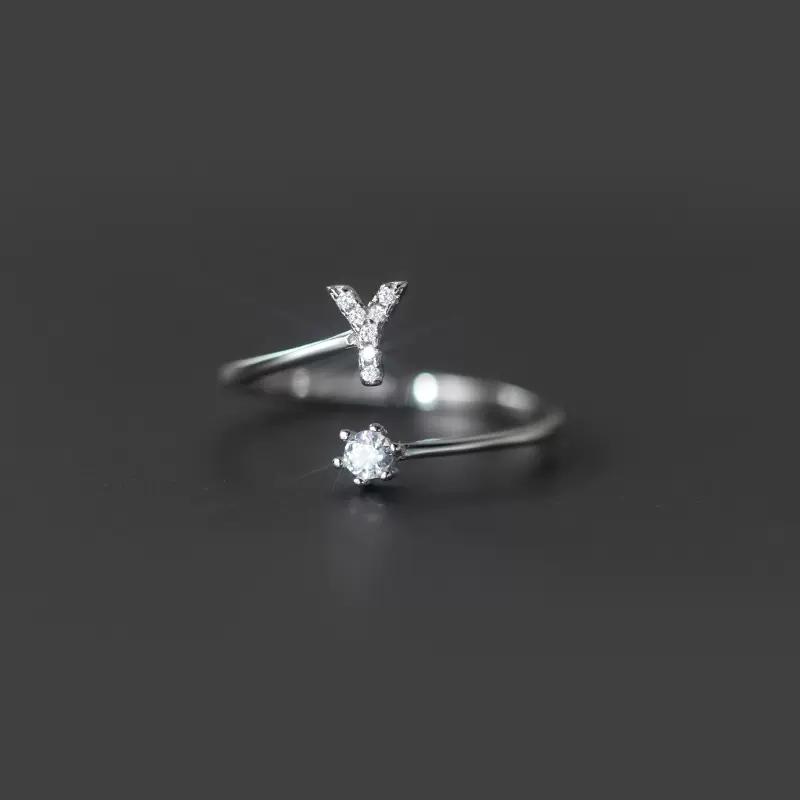 Fashion 925 Silver 26 Letter Ring Sparkling Diamond Zircon Open Ring Index Finger Your Ring Birthday Party Jewelry