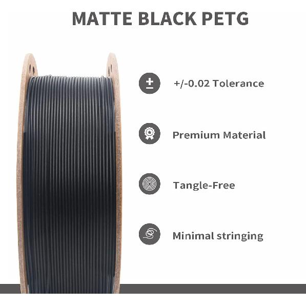 Petg Filament 1.75,Matte Black Petg Vacuum Sealed,Adhere Well 1kg Carton Spool Matte 3D Printer Filament,Dimensional Accuracy 1.75mm ±0.02mm,Print
