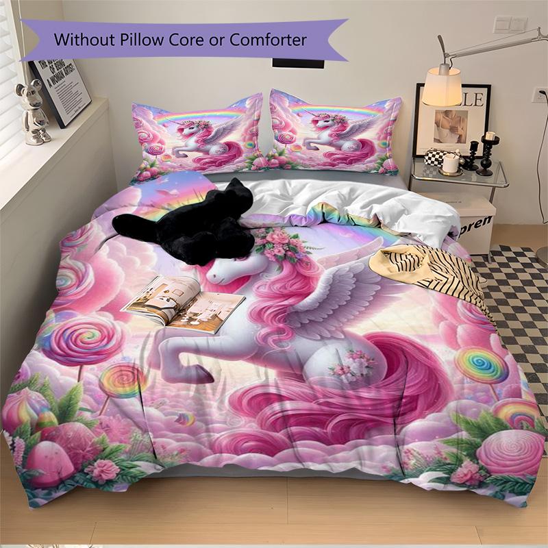 Rainbow Unicorn Fantasy Print 3Pcs Bedding Setduvet Cover With 2 Bedropillowcase Home Birthday Gift