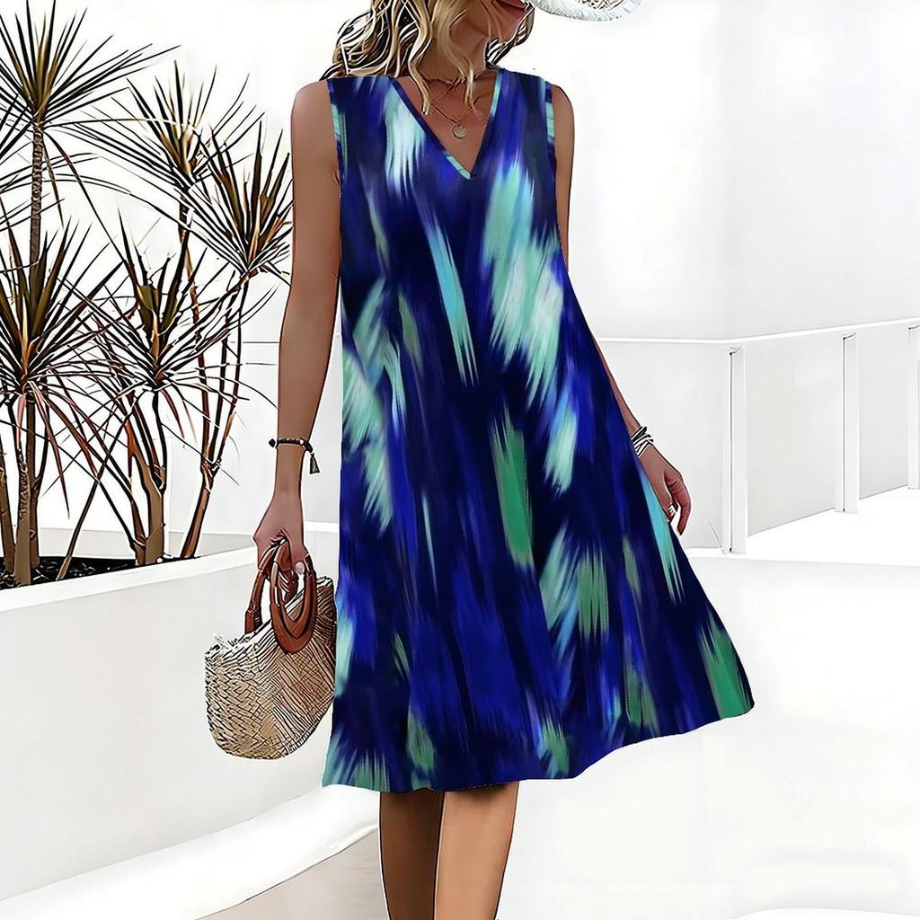 Plus Size V Neck Sleeveless Dress Misty Mountain Bamboo Ink Print For Scenic Area Travel