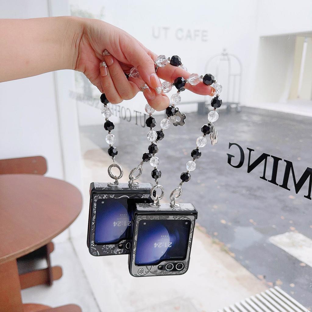 PU Leather Bead Wrist Strap Phone Case for Samsung Galaxy Z Flip 6 5 4 3 5G Hinge Protection Shockproof Cover