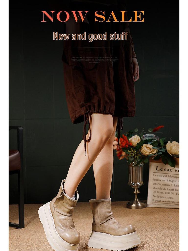 Women's Khaki Height-Increasing Ankle Boots - Soft, Lightweight Cowhide, Early Autumn 2025