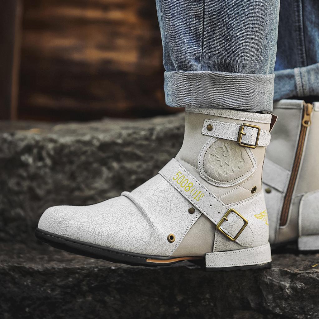 Men's High Top Cracked Leather Motorcycle Boots Side Zipper Metal Decor Retro Knight Boots Waterproof Anti-Slip Autumn 2025 New