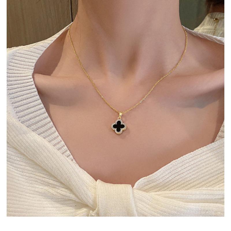 Fashion Commuter Double Sided Four Leaf Clover Zircon Pendant Clavicle Necklace For Women