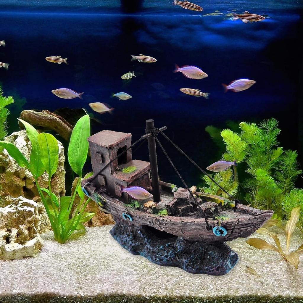 kathson Aquarium Shipwreck Decor Fish Tank Sunken Ship Ornament Pirate Shipwreck Decoration Resin Sunken Boat Betta Fish Sunken Ships Accessories for
