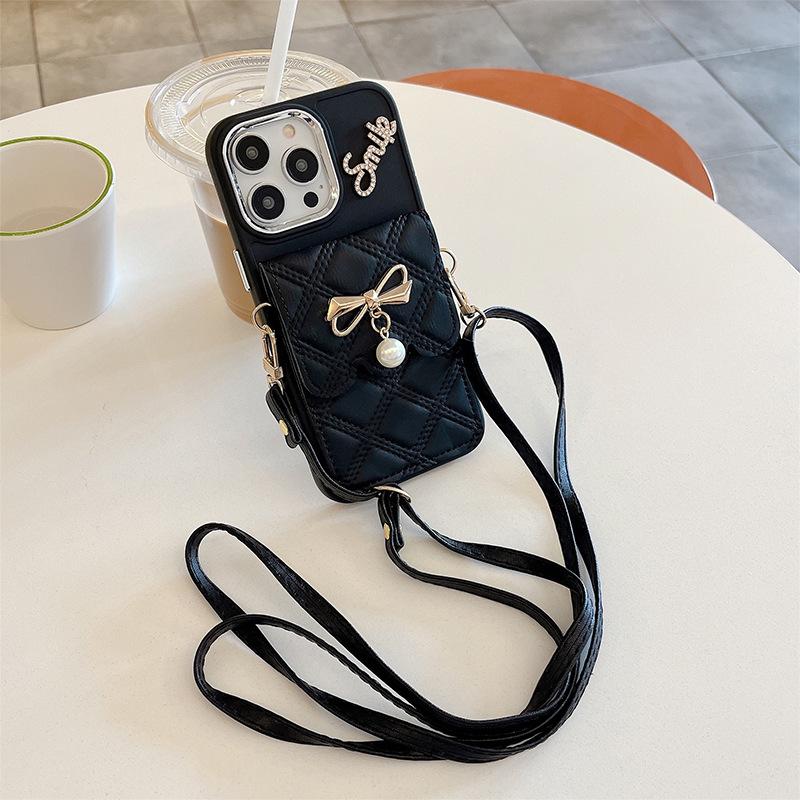 

Bow Pearl Wallet Mobile Phone Case For Iphone17Promax Messenger Rope Rhinestone English Apple 15 Women iPhone 7/8/SE 2020