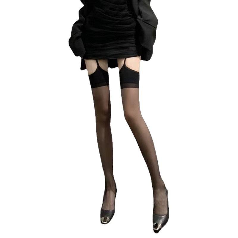 Black stockings sexy lace integrated suspender stockings mood black silk long tube half knee socks red edge suspender socks