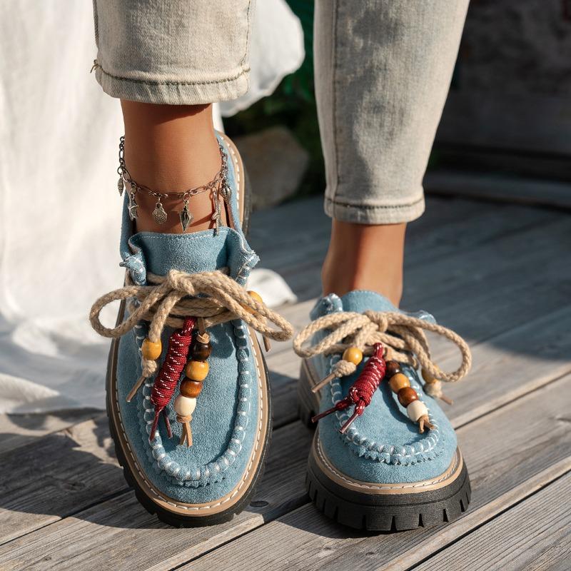 Women's Spring Beaded Lace-Up Round-Toe Suede Retro Loafers, Casual Comfort Footwear, Available In Large Sizes.
