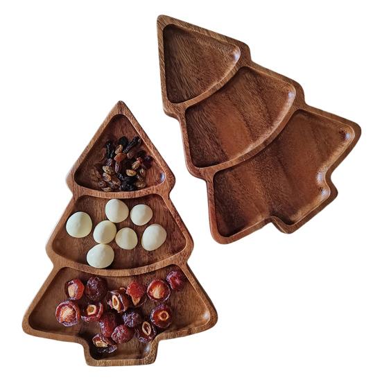 Christmas Tree Shaped Wooden Serving Tray Charcuterie Board Compartment Snack Platter for Breakfast Fruits Nuts Holiday Party Home Decor