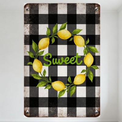 Buffalo Plaid Lemon Wreath 'Sweet' Vintage Metal Tin Sign Distressed Handwritten Font Wall Decor for Kitchen Cafe Summer Home De
