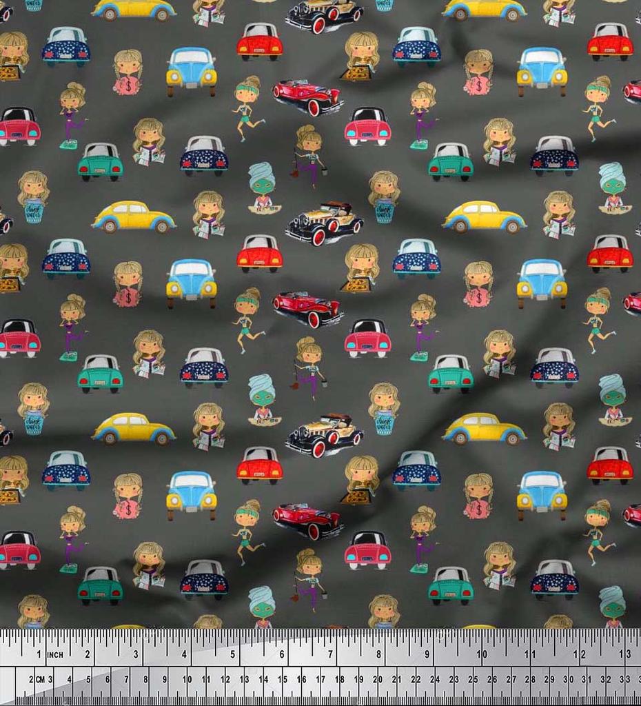 Soimoi Japan Crepe Satin Fabric Cartoon Girl & Car Transport Print Fabric by the Metre 42 Inch