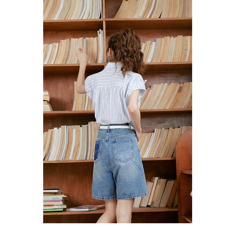 Mishow Women's Shirt 2023 Summer New Blue Stripe Commuter Elegant Bat Sleeves French Style Loose Clothing Tops MXC39C0078