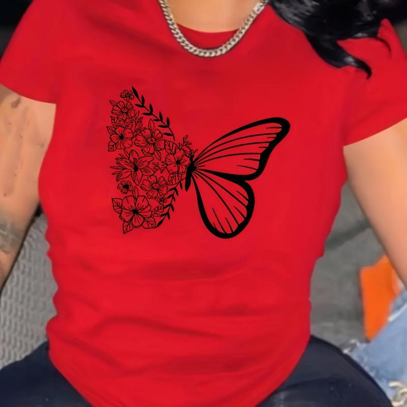 Women Summer Tee Butterfly Printed T Shirt - Fashion Short Sleeve Top