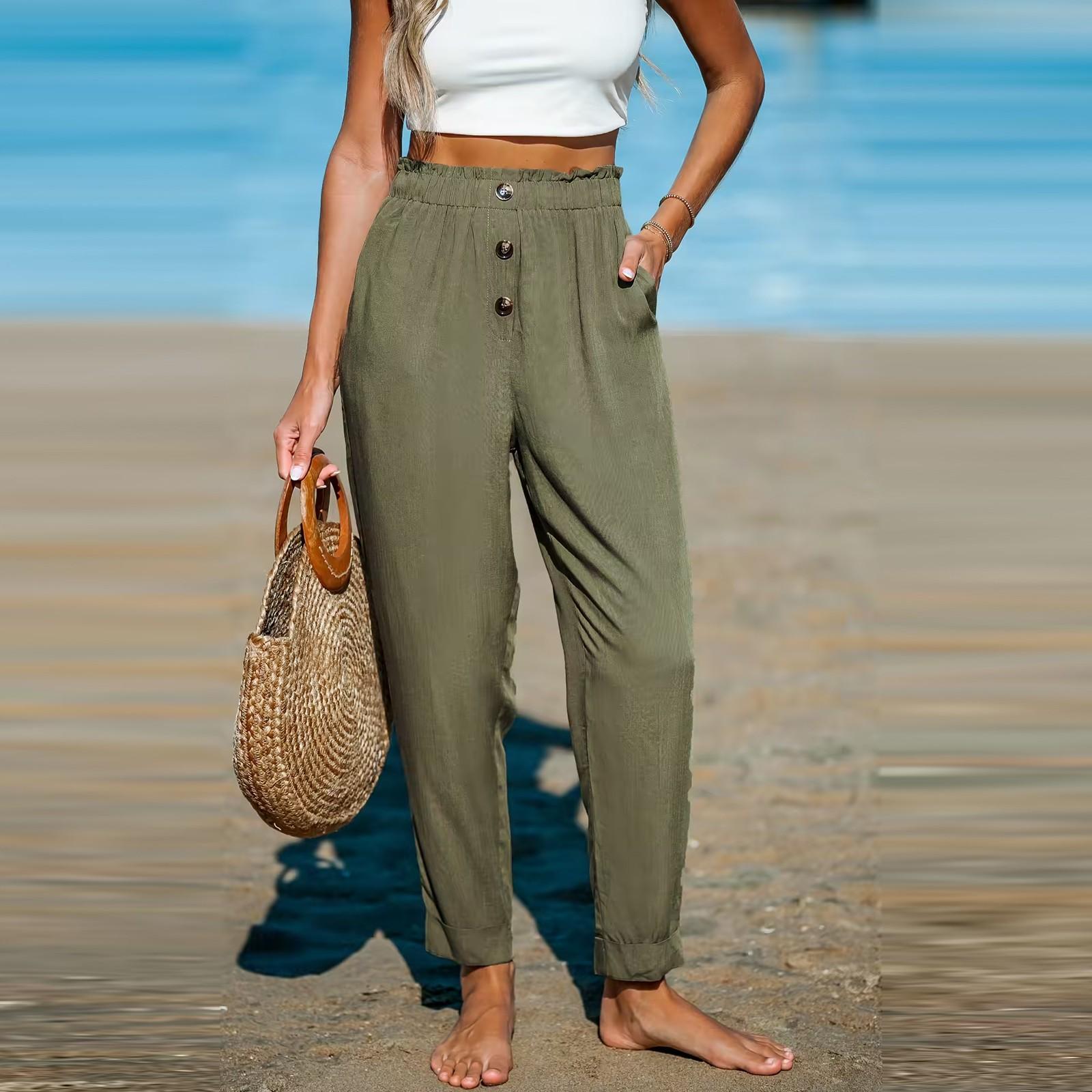 

Женские повседневные брюки, однотонные брюки с высокой талией и карманами