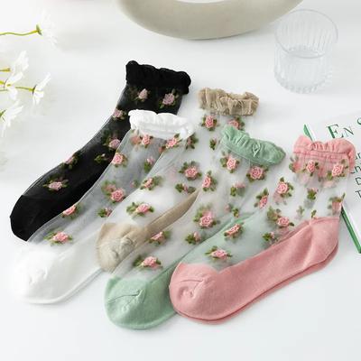 3 Pairs of Cute Thin Socks, Women's Mid Length Socks, Summer Crystal Socks, Breathable Cotton Bottom Card Stockings