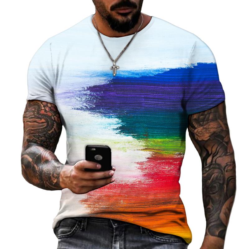 Retro Men's Personalized Color Striped Printed T-shirt Casual Fashion Trend Harajuku Round Neck Top Creative Hip-hop Cool Short Sleeved Streetwear