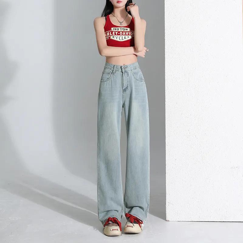 

Женские джинсы с высокой посадкой, прямые, широкие, в корейском стиле, весна 2025 L светло-синий