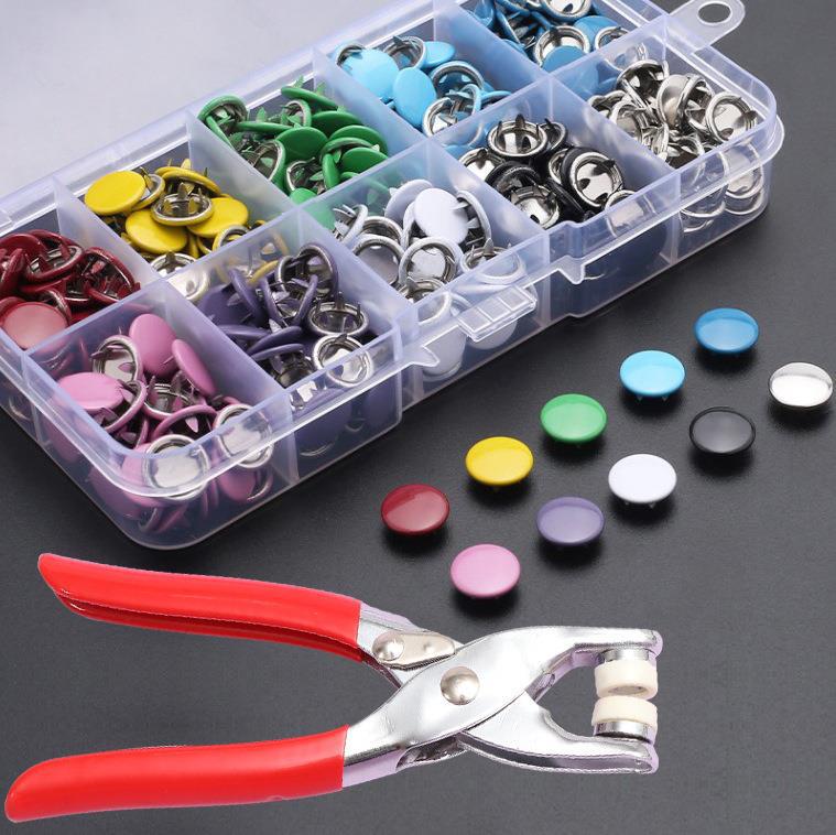 200Pcs Metal Prong Snap Button Kit Hollow Press Stud Fasteners with Pliers Tool Set for Clothes Jeans Bags DIY Sewing Craft