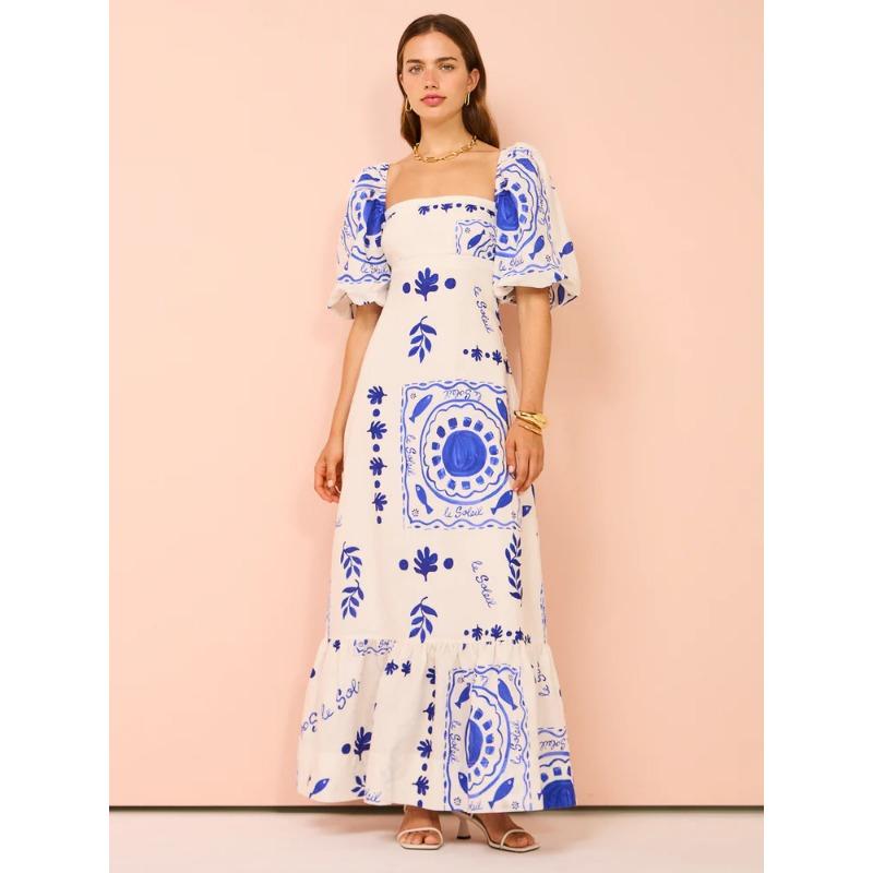 Women's Summer Casual One-line Collar Print Lantern Sleeve Fashion Dress