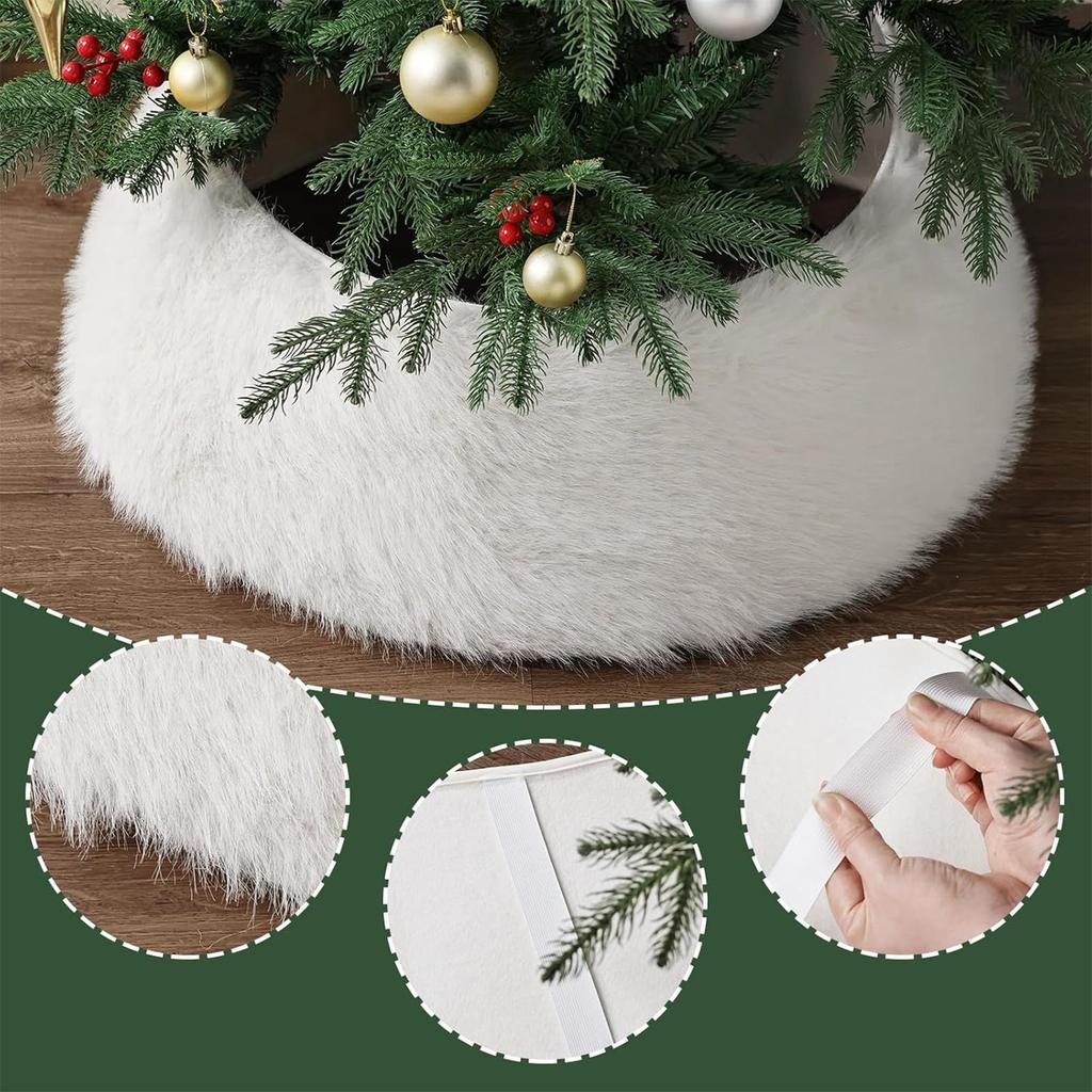 White Faux Fur Christmas Tree Collar Soft Plush Tree Skirt Style Base Cover Holiday Ornament for Home Garden Office
