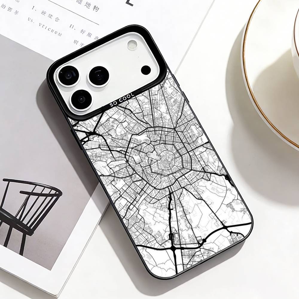 

Famous City Sketch City Map Phone Case For iPhone17,16,15,14,13,12,11 Plus,Pro Max Black Border Silver Plated Cover iPhone17