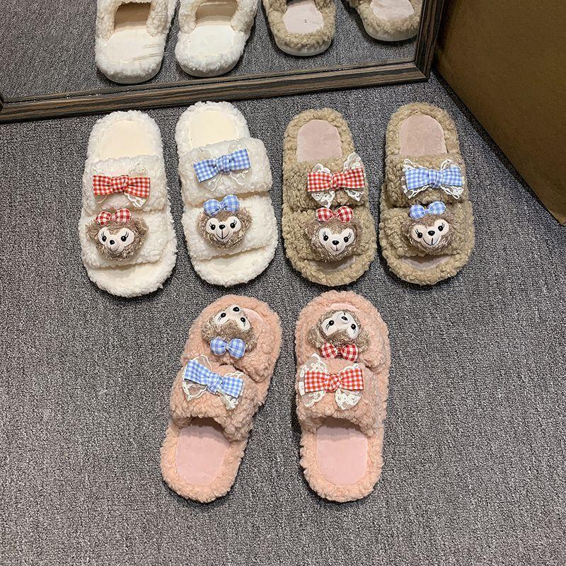 Comfortable and warm fluffy slippers season cartoon cute one-word women's cotton slippers