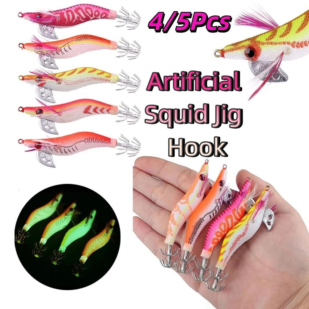 4/5Pcs Glow In The Dark Luminous Squid Fishing Lure Wooden Shrimp Bait All Kinds of Fishing Places