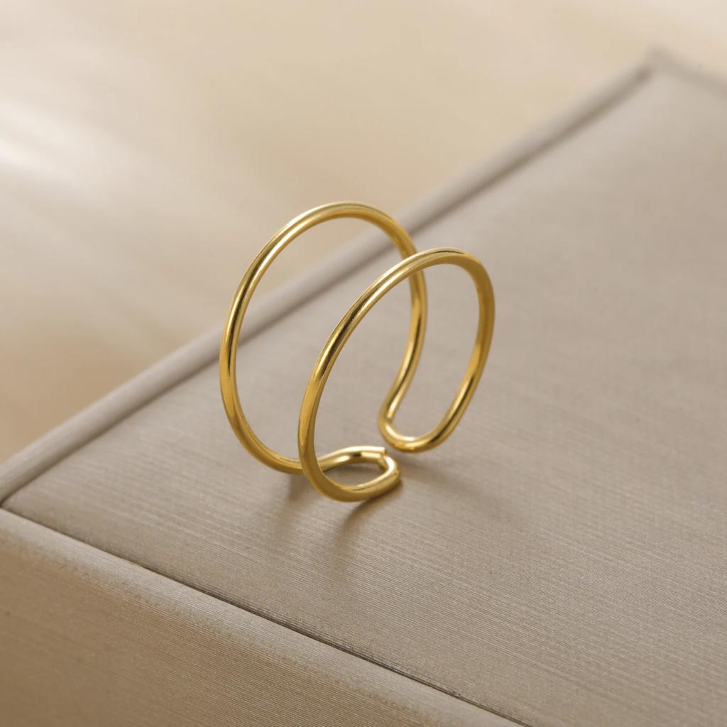 Teamer Stainless Steel Double Layer Open Rings Women Minimalist Adjustable Finger Ring Geometric Jewelry Birthday Gift Wholesale