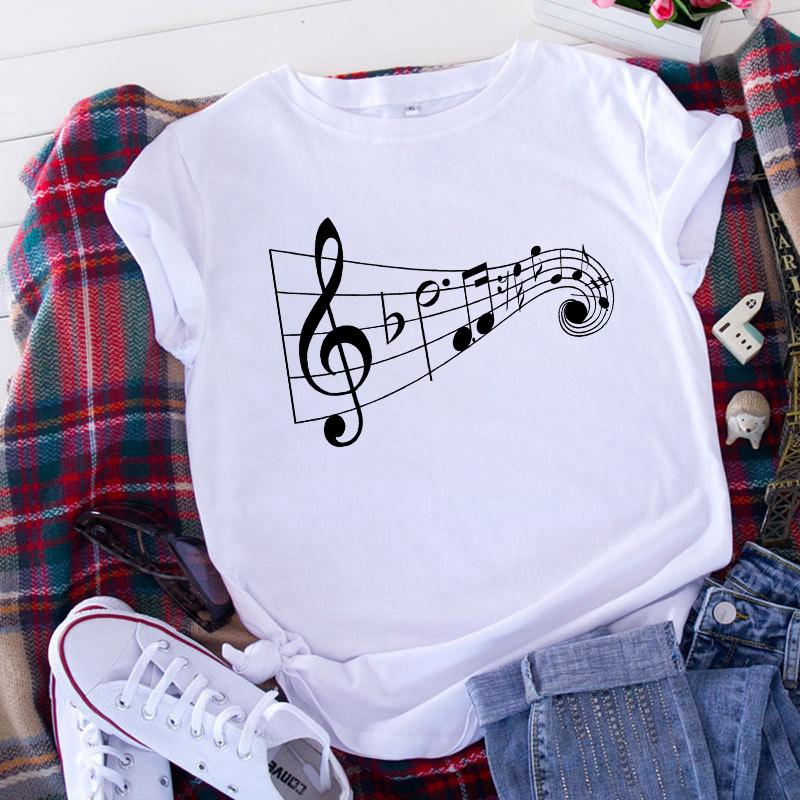 Women T Shirt 2025 Graphic Musical Note Print Cute 90S Summer Lady Clothes Tops Tees Harajuku Short Sleeve Female T-Shirt 2025