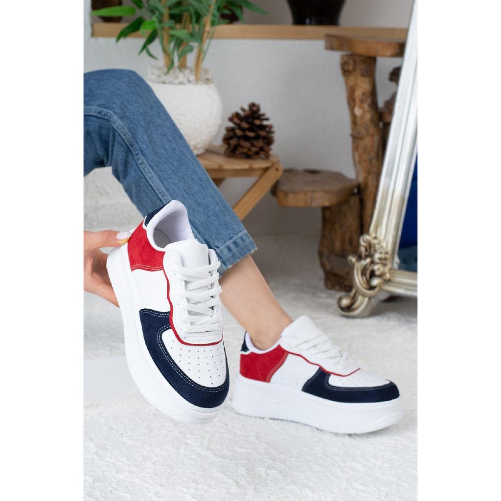 Casual Women's White Sneaker Sports Shoes Patterned Light High Sole Laced 001