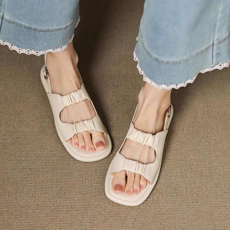 Summer Round Head Wide Strip Sandals Women's Rubber Soft Sole Large Size Shoes Buckle Women's Flat Sandals White Korean Version New