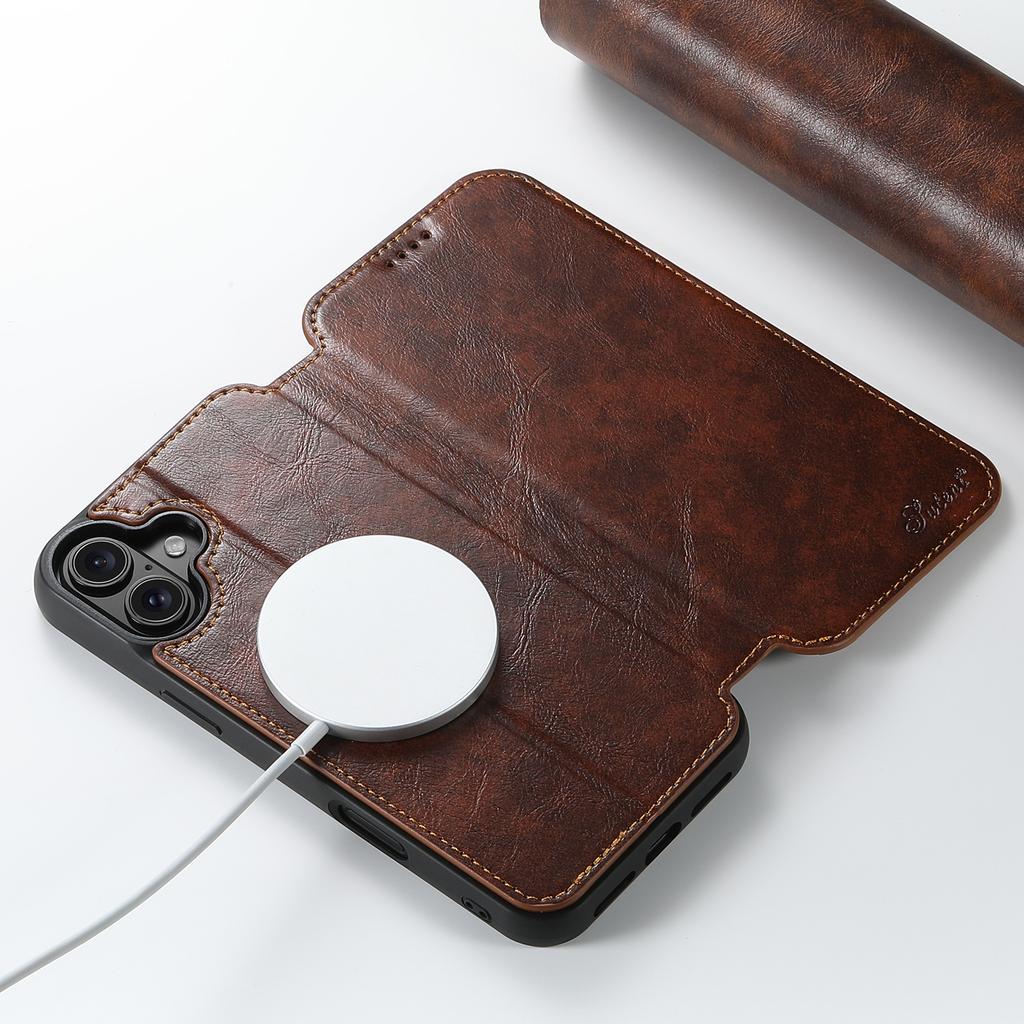 SUTENI J06 For iPhone 16 Plus Case Compatible with MagSafe Textured PU Leather Flip Phone Cover