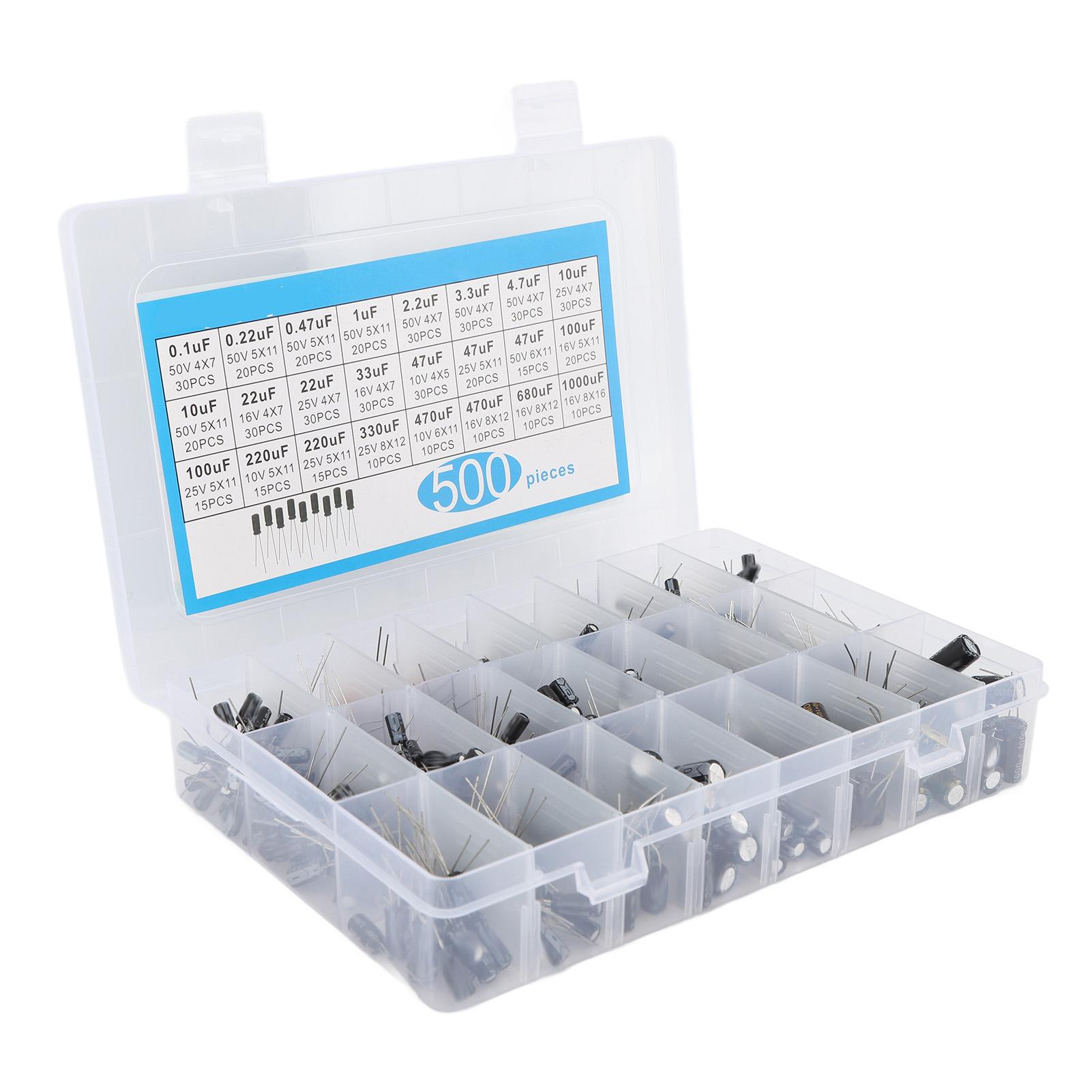 

500Pcs Electrolytic Capacitor 0.1uF‑1000uF 16V‑50V 24 Values Aluminium Capacitor Assortment