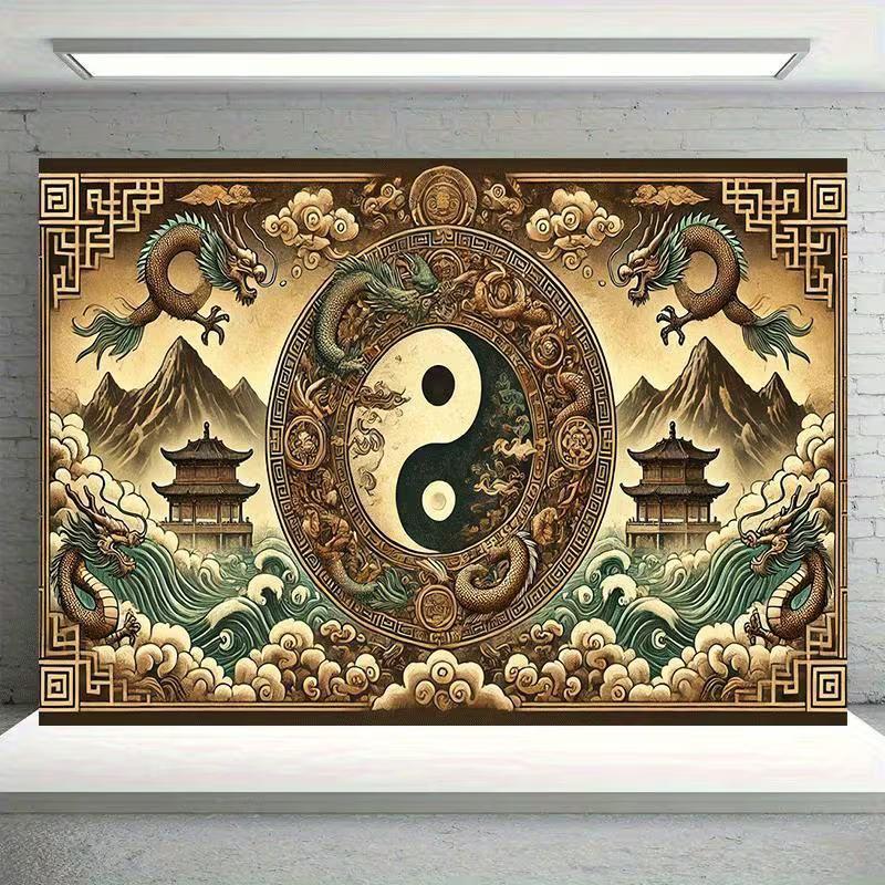 2D Traditional Yin Yang Dragon Backdrop for Studio Photoshoot
