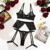 Fashion Black lace eyelash lace bra set, sexy three-point pure desire temptation erotic underwear three-piece set
