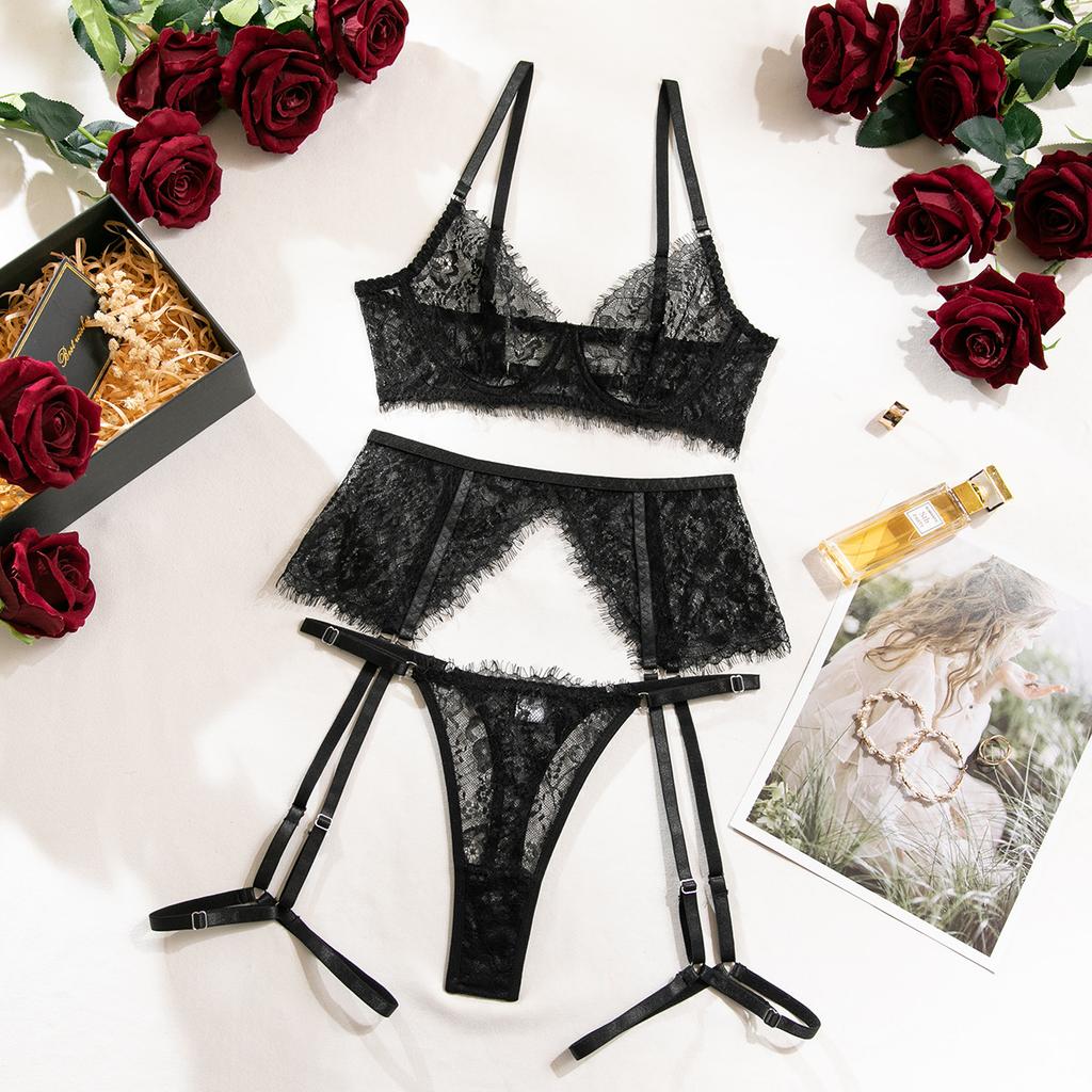 Fashion Black lace eyelash lace bra set, sexy three-point pure desire temptation erotic underwear three-piece set