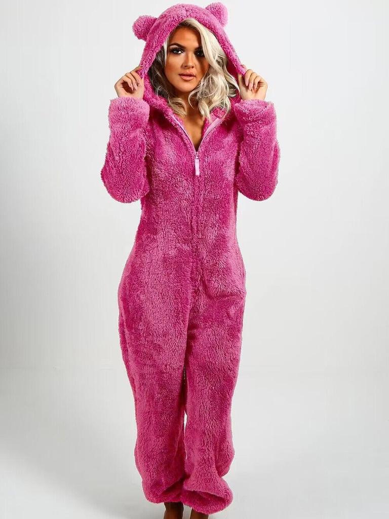 2025 European & American Autumn/Winter Women's Fleece-Lined Fur Jumpsuit Pajamas, Hooded, Available in 17 Colors